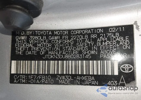 2011 Toyota Prius Two z USA, uszkodzony, nr VIN JTDKN3DU8B0283145